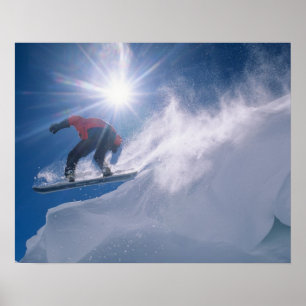 Man springt van een grote cornince af op een snowb poster