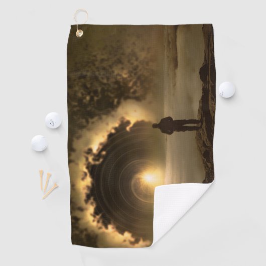 Man staande op een heuvel kijken naar een grote golfhanddoek (Insitu)