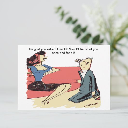 Man stelt voor aan een vrouw, hilarisch save the date (Staand voorkant)