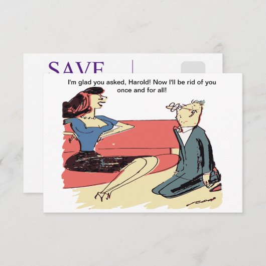 Man stelt voor aan een vrouw, hilarisch save the date (Voorkant / Achterkant)