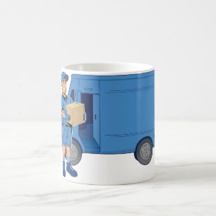 Man van levering en bestelwagen koffiemok