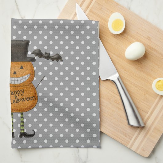 Man van pompoen - Happy Halloween - Gray Polka Dot Theedoek (Quarter Fold)