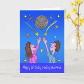 Man Verjaardag Cartoon Koppel Maan en Sterren Kaart (Gele Bloem)