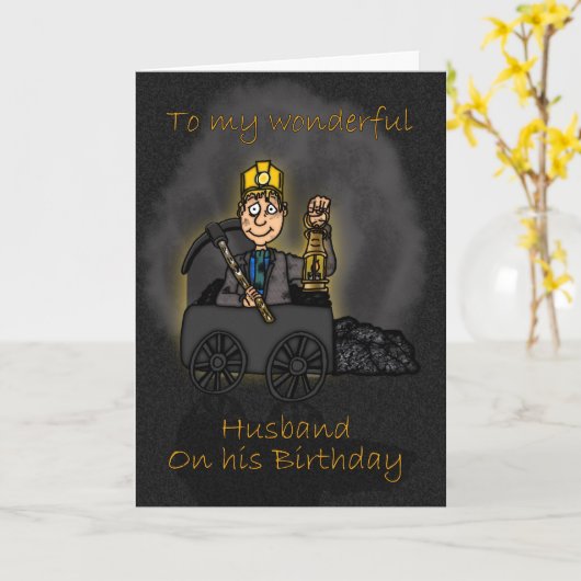 Man Verjaardag Kaart - Coal Miner Cartoon (Gele Bloem)