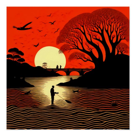 Man vissen bij zonsondergang perfect poster (Voorkant)
