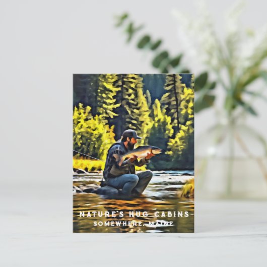 *~* Man Vist Stream Schilderij AP49 Zalm Briefkaart (Staand voorkant)