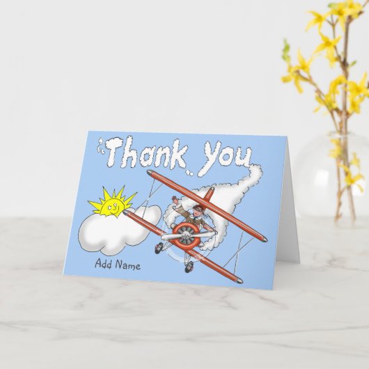 Man vliegend vliegtuig schrijft woorden Dank u in  Kaart (Gele Bloem)