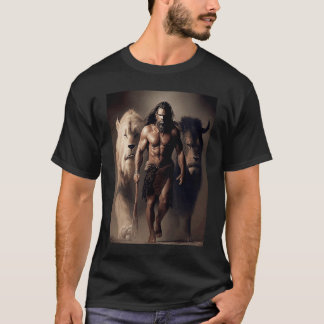 Man voor ouderwetse jagers en leeuwen met t-shirt