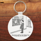 Man vraagt winkels om een toiletrol. Funny Cartoon Sleutelhanger (Voorkant)