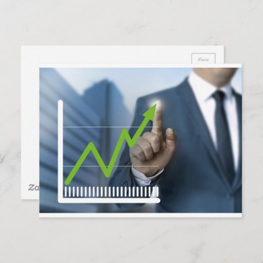 Man waarop het concept "aandelenkoers" is afgebeel briefkaart (Voorkant / Achterkant)