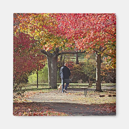 Man Walking Dog in Autumn Park Magneet (Voorkant)