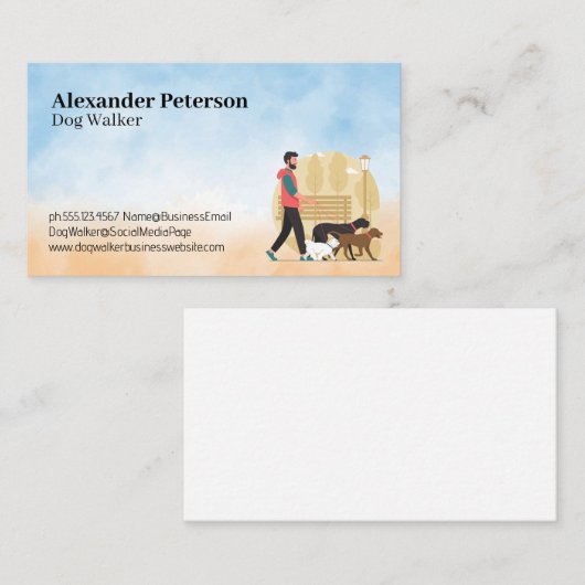 Man Walking Multiple Dogs in het park Visitekaartje (Voorkant / Achterkant)