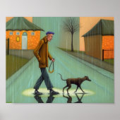 Man wandelende hond in regen poster (Voorkant)