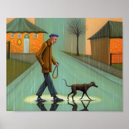 Man wandelende hond in regen poster (Voorkant)