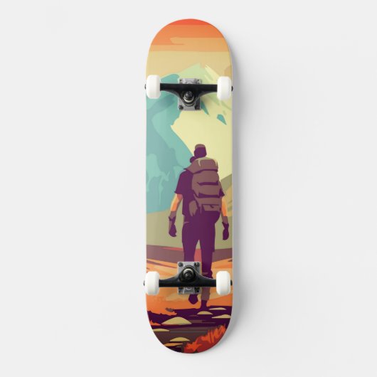 Man Wandelt Bergvallei Avontuur Persoonlijk Skateboard (Voorkant)