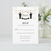 Man Wedding Gold Monogram LGBTQ RSVP Kaartje (Staand voorkant)