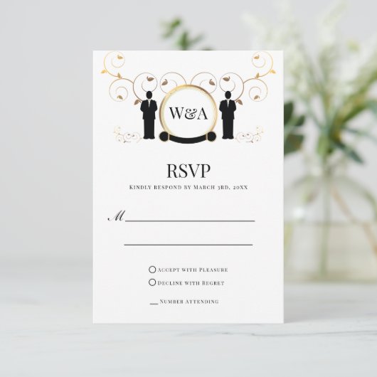 Man Wedding Gold Monogram LGBTQ RSVP Kaartje (Staand voorkant)