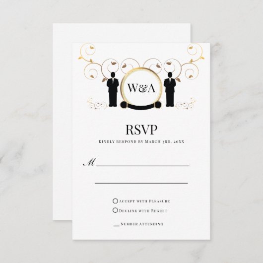 Man Wedding Gold Monogram LGBTQ RSVP Kaartje (Voorkant / Achterkant)