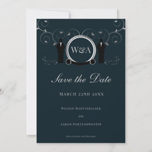 Man Wedding Silver Blue Monogram LGBTQ Save The Date (Voorkant)