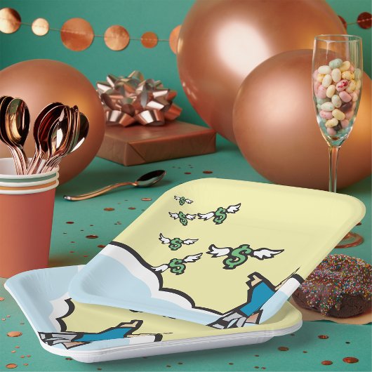 Man wijst met geld met wijn papieren bordje