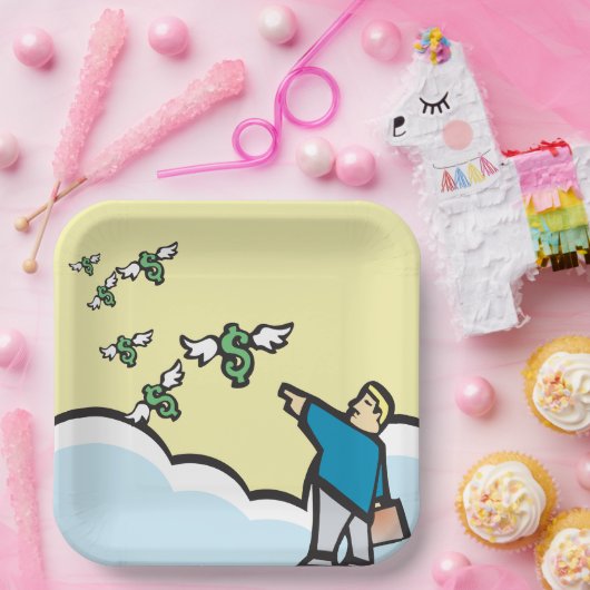 Man wijst met geld met wijn papieren bordje (Feest)