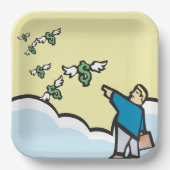 Man wijst met geld met wijn papieren bordje (Voorkant)