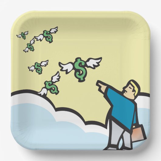 Man wijst met geld met wijn papieren bordje (Voorkant)