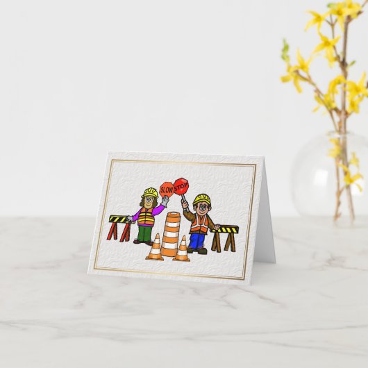 Man Woman Road Workers Romantic Greeting Card      Kaart (Gele Bloem)