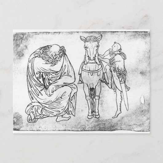 Man zit vast, Knight zet zijn paard op. Briefkaart (Voorkant)