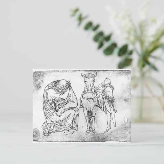 Man zit vast, Knight zet zijn paard op. Briefkaart (Staand voorkant)