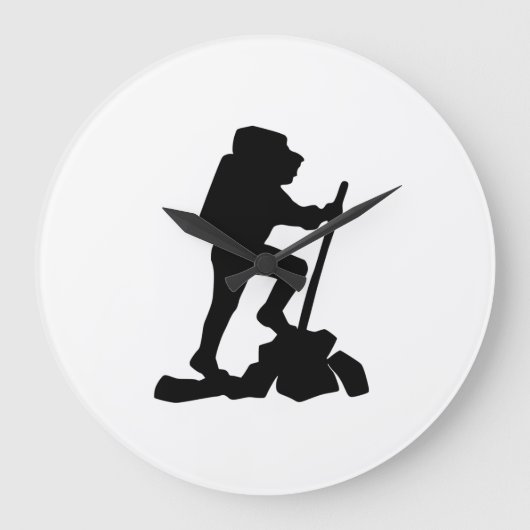 man zwart silhouet met een eenvoudige bergwandelaa grote klok (Voorkant)