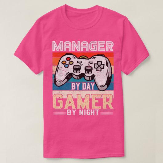 Manager-op-dag-gamer, nachtelijke videogames-venti t-shirt (Design voorkant)