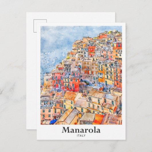 Manarola Italië Reizen Waterverf Hand getekend Briefkaart (Voorkant / Achterkant)