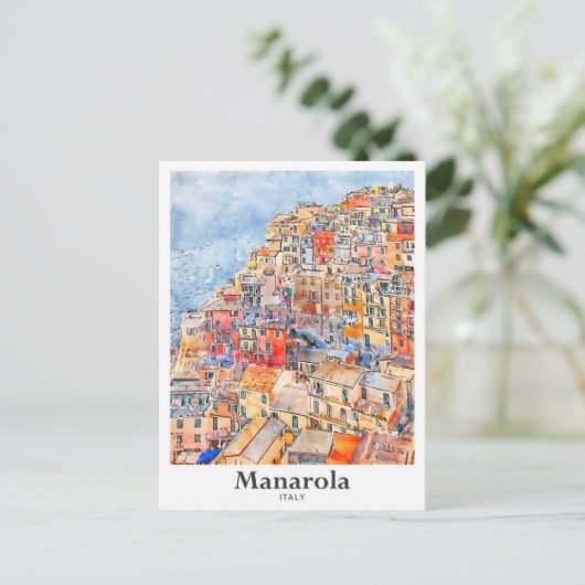Manarola Italië Reizen Waterverf Hand getekend Briefkaart (Staand voorkant)