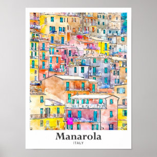 Manarola Italië Reizen Waterverf Hand getekend Poster