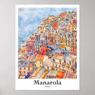 Manarola Italië Reizen Waterverf Hand getekend Poster