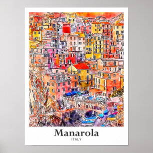 Manarola Italië Reizen Waterverf Hand getekend sch Poster