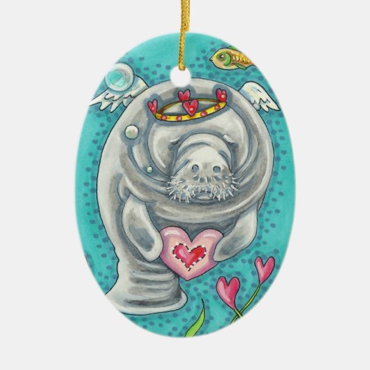 MANATEE CUPID, BUBBLES & HEARTS COLORFUL VALENTIJN KERAMISCH ORNAMENT (Voorkant)