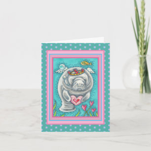 MANATEE CUPID, BUBBLES & HEARTS COLORFUL VALENTIJN NOTITIEKAARTJE
