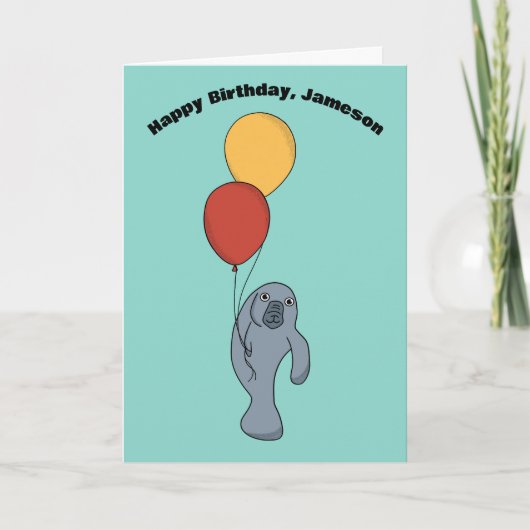 Manatee en ballonnen aangepaste verjaardag kaart (Voorkant)