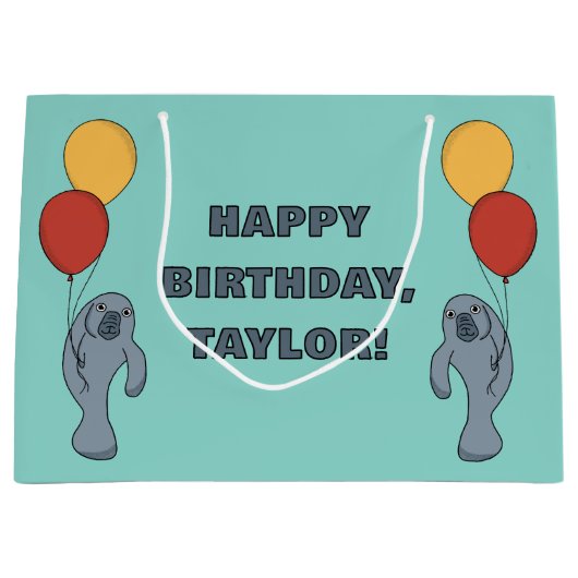 Manatee en ballonnen aangepaste verjaardagsfeestje groot cadeauzakje (Voorkant)