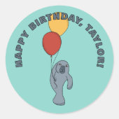 Manatee en ballonnen aangepaste verjaardagsfeestje ronde sticker (Voorkant)