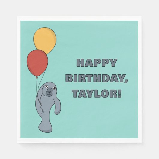 Manatee en ballonnen aangepaste verjaardagsfeestje servet (Voorkant)