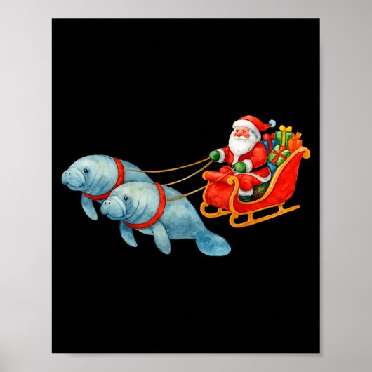 Manatee Santa Christmas Sleigh - Funny Manatee Xma Poster (Voorkant)