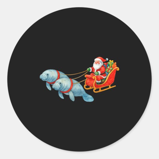 Manatee Santa Christmas Sleigh - Funny Manatee Xma Ronde Sticker (Voorkant)