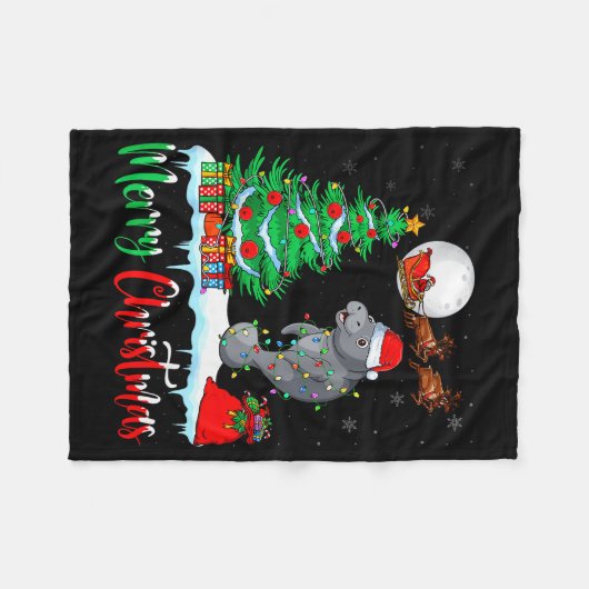 Manatee Santa Hat Xmas Tree Merry Christmas Manate Fleece Deken (Voorkant (Horizontaal))