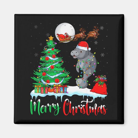Manatee Santa Hat Xmas Tree Merry Christmas Manate Magneet (Voorkant)