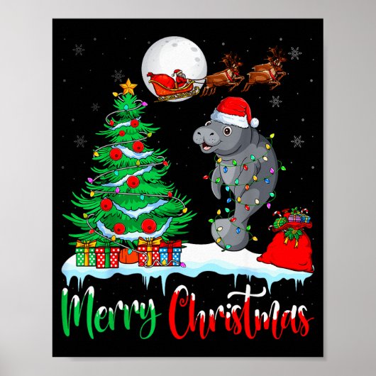 Manatee Santa Hat Xmas Tree Merry Christmas Manate Poster (Voorkant)
