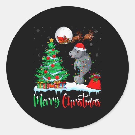 Manatee Santa Hat Xmas Tree Merry Christmas Manate Ronde Sticker (Voorkant)