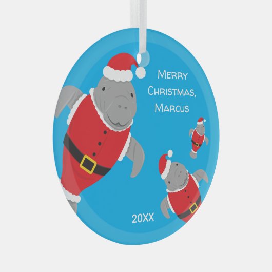 Manatee Santa Outfits Name Kerstmis Glas Ornament (Voorkant Rechts)